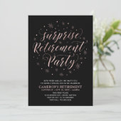 Rose Gold & Black Modern Surprise Retirement Party Einladung (Stehend Vorderseite)