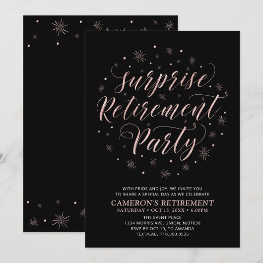 Rose Gold & Black Modern Surprise Retirement Party Einladung (Vorne/Hinten)