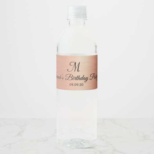 Rose Gold Black Monogram Wedding Birthday Wasserflaschenetikett (Vorderseite)