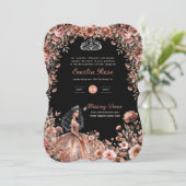 Rose Gold Black Quinceanera Dress Floral Rose Einladung (Stehend Vorderseite)