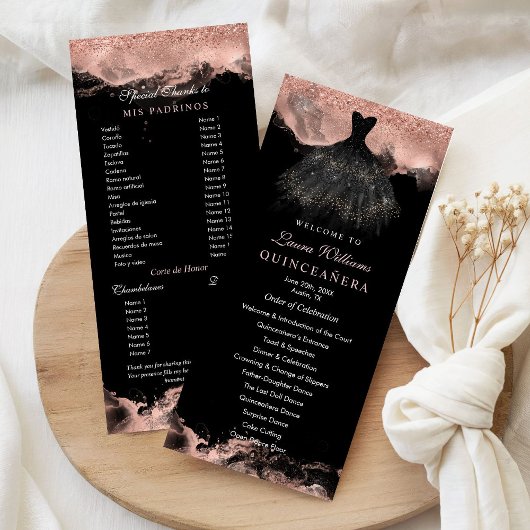 Rose Gold & Black Quinceañera Order of Events Programm