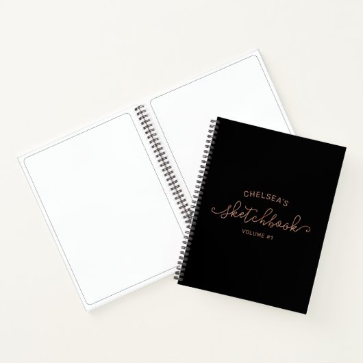 Rose Gold Black Script Calligraphy Name Sketchbook Notizblock (Innenseite)