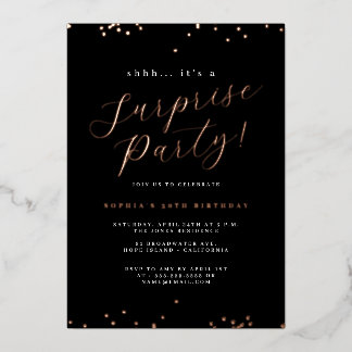 Rose Gold Black Script Confetti Überraschung Party Folieneinladung