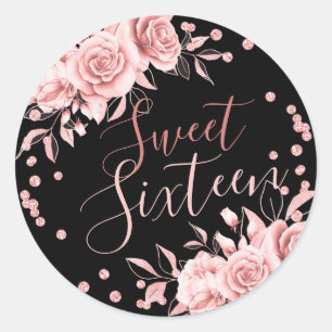 Rose Gold Black Sweet 16 Geburtstag Floral Glitzer Runder Aufkleber