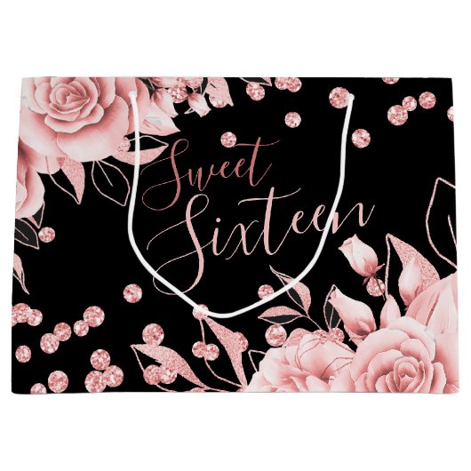 Rose Gold Black Sweet 16 Glitzer Confetti Floral Große Geschenktüte (Vorderseite)