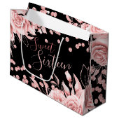Rose Gold Black Sweet 16 Glitzer Confetti Floral Große Geschenktüte (Vorderseite Schrägansicht)