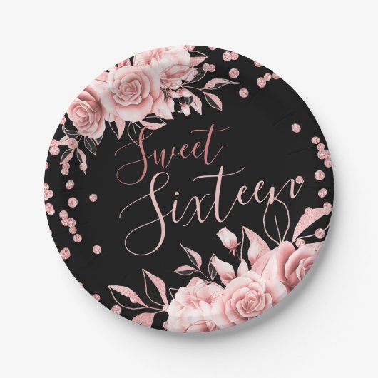 Rose Gold Black Sweet 16 Glitzer Confetti Floral Pappteller (Vorderseite)