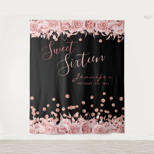 Rose Gold Black Sweet 16 Glitzer Confetti Floral Wandteppich (Vorderseite)