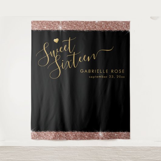 Rose Gold Black Sweet 16 Glitzer Confetti Hintergr Wandteppich (Vorderseite)