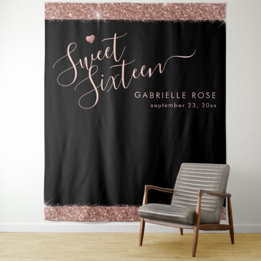 Rose Gold Black Sweet 16 Glitzer Foto Hintergrund Wandteppich (Beispiel)