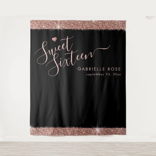 Rose Gold Black Sweet 16 Glitzer Foto Hintergrund Wandteppich (Vorderseite)
