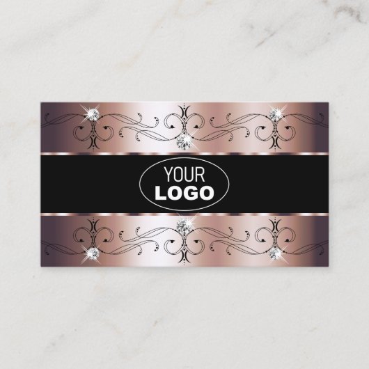 Rose Gold Black Verziert Glam Borders Logo und Fot Visitenkarte (Vorderseite)