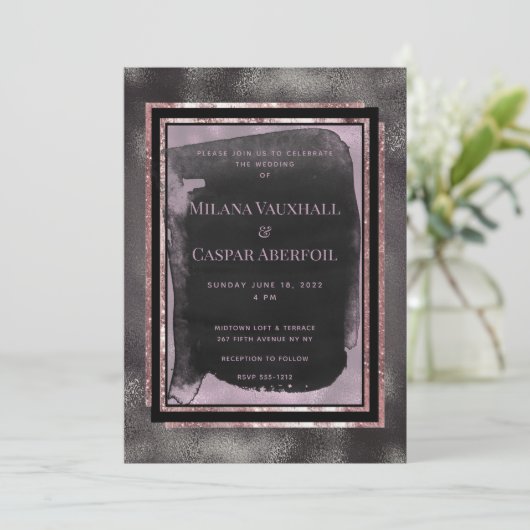 Rose Gold & Black Watercolor Galerie Hochzeit Einladung (Stehend Vorderseite)