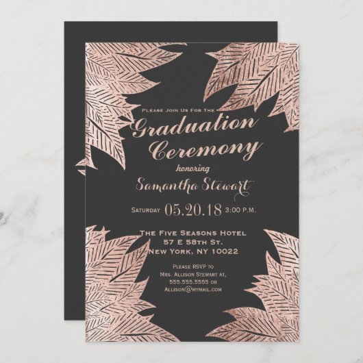Rose Gold Blätter auf der Feier zum Schwarzen Absc Einladung (Vorne/Hinten)