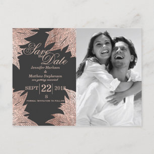 Rose Gold Blätter auf Schwarz Save the Date Postka Ankündigungspostkarte