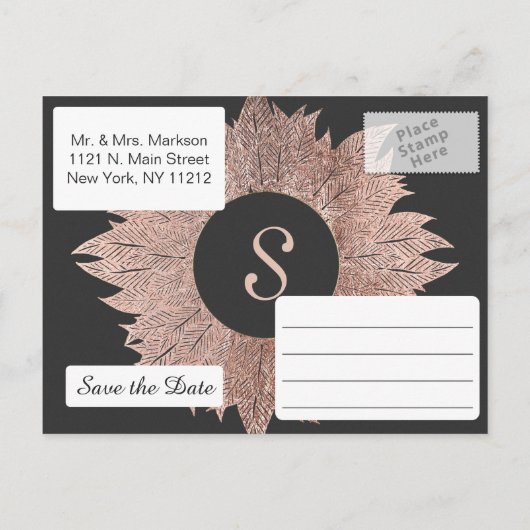 Rose Gold Blätter auf Schwarz Save the Date Postka Ankündigungspostkarte (Rückseite)