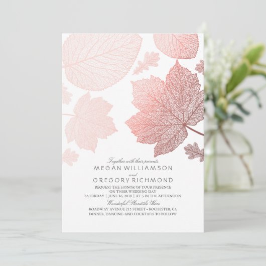 Rose Gold Blätter Elegante Weiße Hochzeit im Herbs Einladung (Stehend Vorderseite)