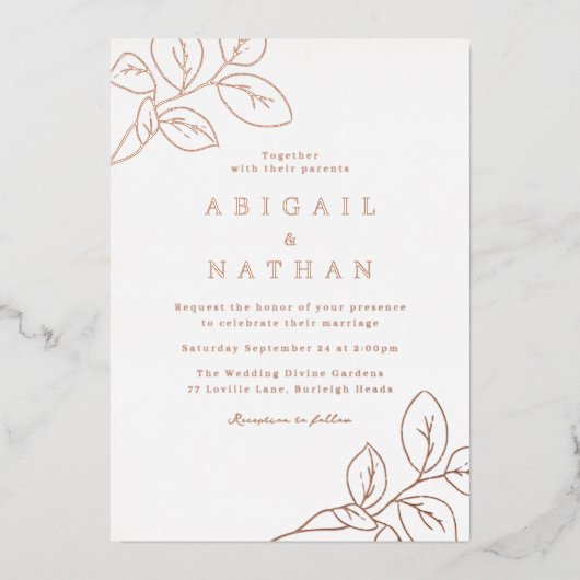 Rose Gold Blätter Hochzeit Folieneinladung (Vorderseite)