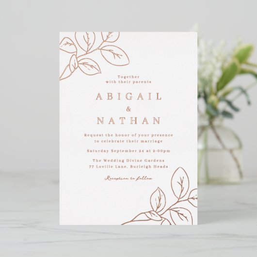 Rose Gold Blätter Hochzeit Folieneinladung (Stehend vorne)