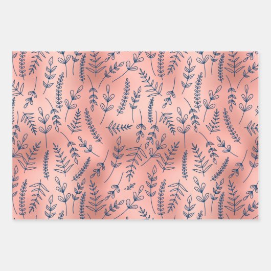 Rose Gold Blauer botanischer Jeder Anlass Geschenkpapier Set (Vorderseite)