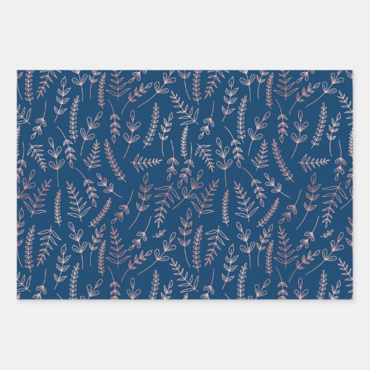 Rose Gold Blauer botanischer Jeder Anlass Geschenkpapier Set (Vorderseite 3)