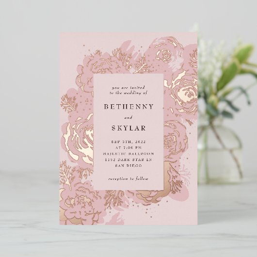 Rose Gold Bloms Foil Einladung (Stehend vorne)