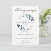 ROSE GOLD BLUE FOLIAGE WREATH BEILEID MEMORIAL DANKESKARTE (Stehend Vorderseite)