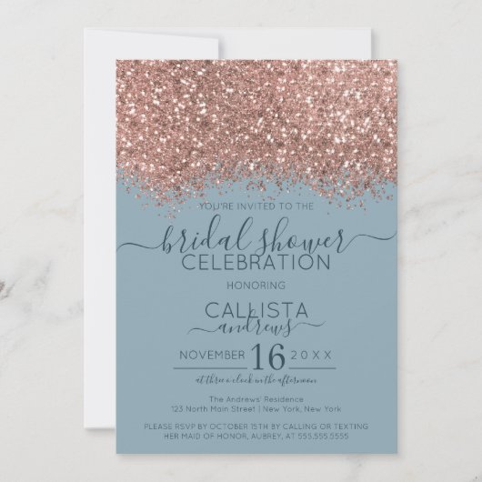 Rose Gold Blue Glitzer Confetti Brautparty Einladung (Vorderseite)