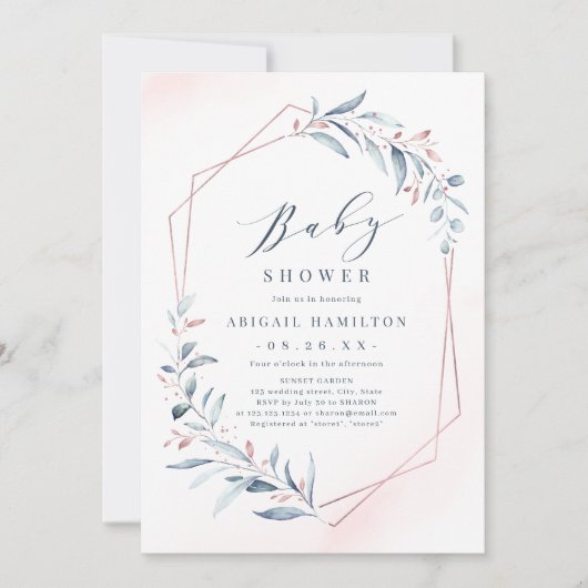 Rose Gold Blue Greenerric Geometric Baby Dusche Einladung (Vorderseite)