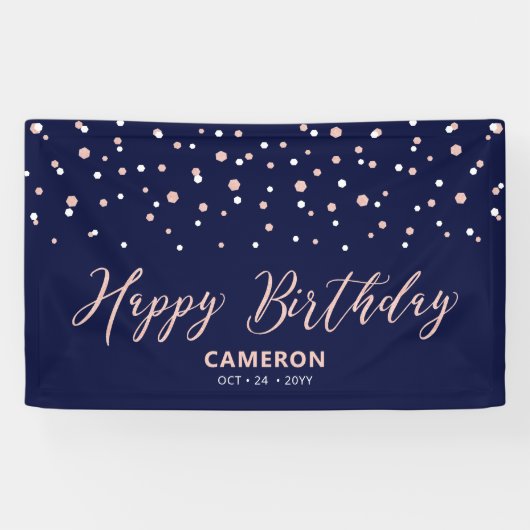 Rose Gold & Blue Hexagon Confetti Happy Geburtstag Banner (Horizontal)