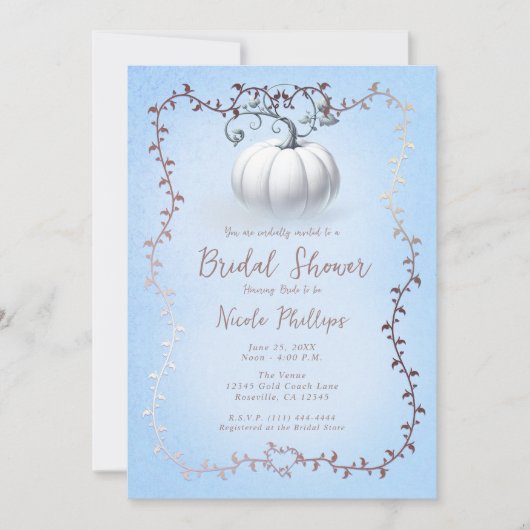 Rose Gold Blue Storybook White Pumpkin Bridal Einladung (Vorderseite)