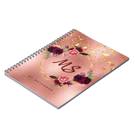 Rose Gold Blume Bordeaux-Sterne Monogramm Notizblock (Linke Seite)