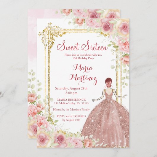 Rose Gold Blume Gold Glitzer Rosa Sweet 16 Einladung (Vorne/Hinten)