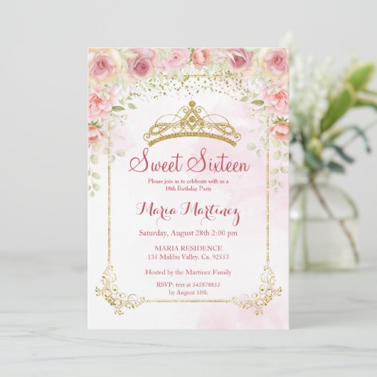 Rose Gold Blume mit Gold Glitzer Sweet 16 Einladung (Stehend Vorderseite)