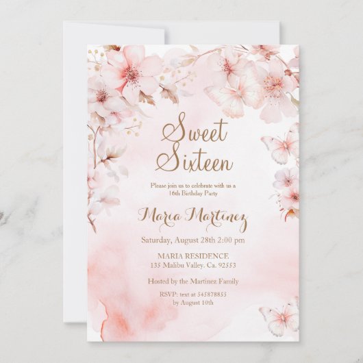 Rose Gold Blume mit Gold Glitzer Sweet 16 Einladung (Vorderseite)