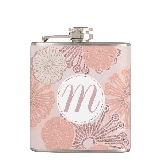 Rose Gold Blume Muster und Monogramm Flachmann (Vorderseite)