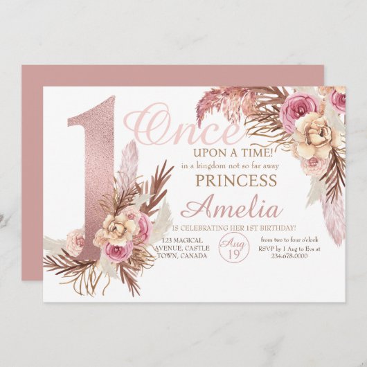 Rose Gold Blume Pampas Princess 1. Geburtstag Einladung (Vorne/Hinten)
