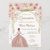 Rose Gold Blume und Gold Glitzer Quinceanera Einladung (Vorne/Hinten)