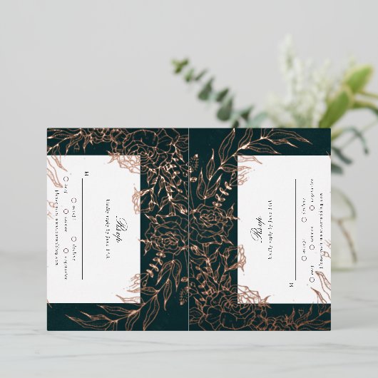 Rose Gold Blume Wreath Emerald TWO Foil RSVP Karte (Stehend vorne)