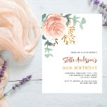 Rose Gold Blumenbudget Geburtstagsausschreibung<br><div class="desc">Ein schick weißer Hintergrund. Dekoriert mit einer großen Rose Gold und rot rosa Blumen, Rose Blume und grüne Aquarell Eukalyptus Blätter, Sprigs, Grün und ein Imitat goldbraun. Personalisieren Sie Ihren Namen und Ihre Party-Daten und fügen Sie diese hinzu. Zurück: Weiße Hintergrundfarbe. 1 Blatt = 1 Einladung mit Druckkante bis Kante....</div>