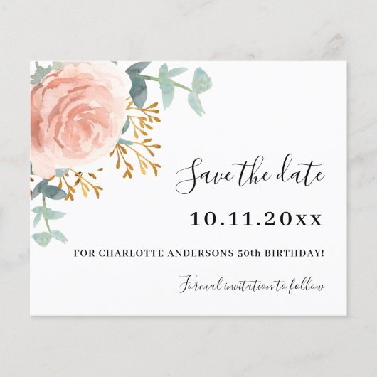 Rose Gold Blumengeburtskarte Save the Date (Vorderseite)