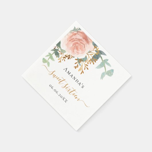 Rose Gold Blumengrün elegant Sweet 16 Serviette (Ecke)