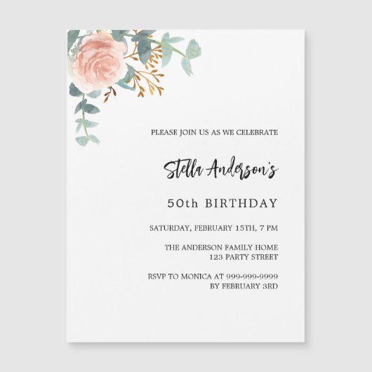 Rose Gold Blumengrün Luxus Geburtstag Magneteinladung (Vorderseite)