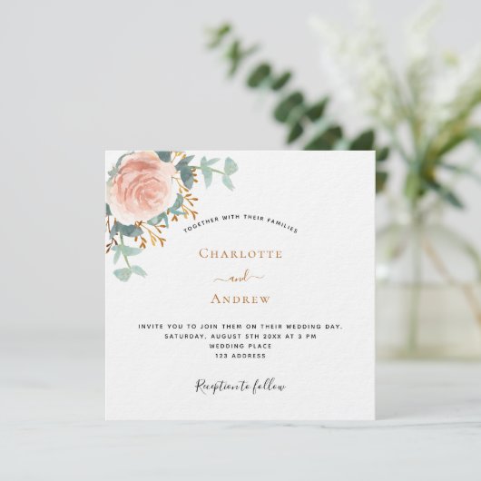 Rose Gold Blumengrün QR UAWG Luxus Hochzeit Einladung (Stehend Vorderseite)