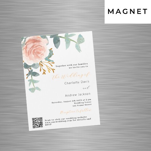Rose Gold Blumengrün QR UAWG Luxus Hochzeit Magneteinladung