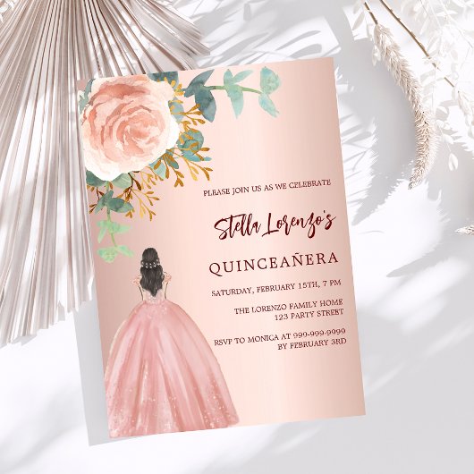 Rose Gold Blumenkleid Quinceanera Luxus Einladung