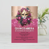 Rose Gold Blumenmasquerade Quinceañera Geburtstag Einladung (Stehend Vorderseite)