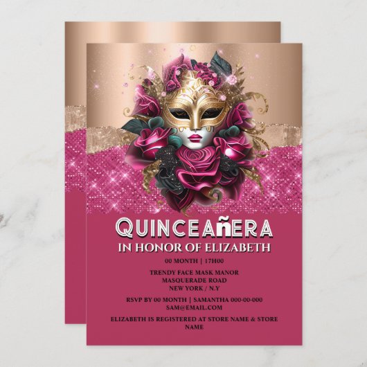 Rose Gold Blumenmasquerade Quinceañera Geburtstag Einladung (Vorne/Hinten)