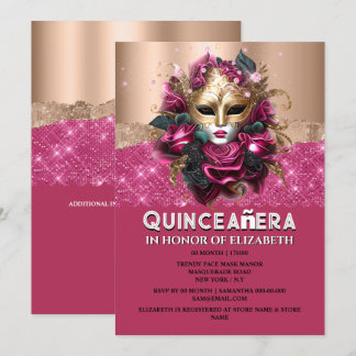 Rose Gold Blumenmasquerade Quinceañera Geburtstag Einladung