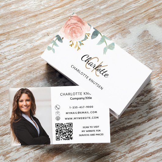 Rose Gold blumenmonogramm Foto Qr Visitenkarte